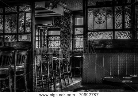 Pub black and white seating area