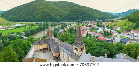 Orava castle yard and town panorama