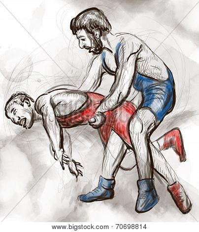 Greco-roman Wrestling. An Full Sized Hand Drawn Illustration