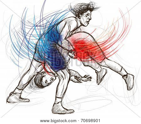 Greco-roman Wrestling. An Full Sized Hand Drawn Illustration