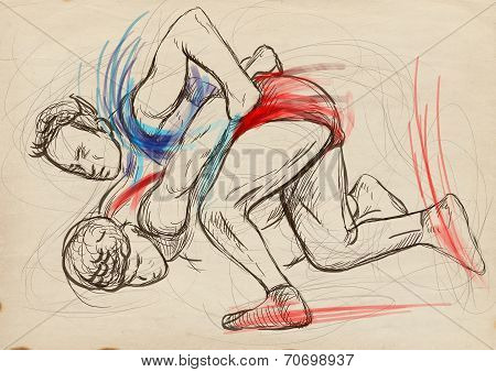 Greco-roman Wrestling. An Full Sized Hand Drawn Illustration