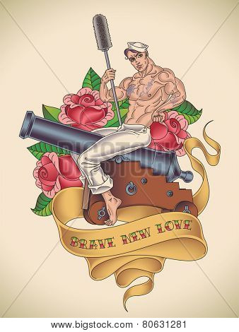 Old-school tattoo of a handsome sailor is straddling on a cannon with a ramrod in his hand on the background of red roses. Raster image.