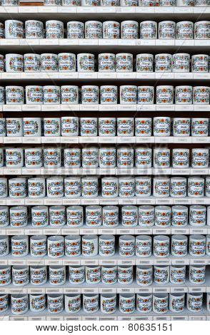 ST. GILGEN, AUSTRIA - DECEMBER 14: Mugs with names sold in souvenir shop in St. Gilgen on Wolfgang See lake, Austria on December 14, 2014.