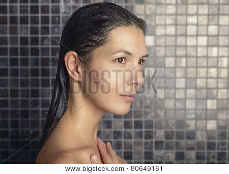 Attractive Woman Washing Her Hair In The Shower