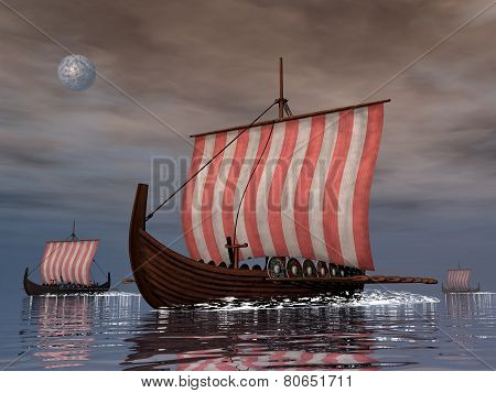 Drakkars or viking ships - 3D render