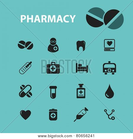 pharmacy icons, signs, illustration isolated on background set, vector