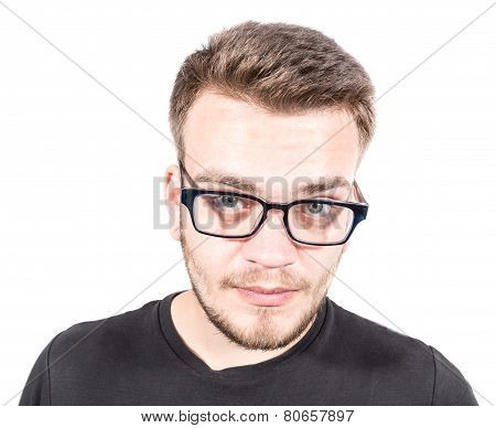 Happy young man taking a selfie photo. Isolated on white background