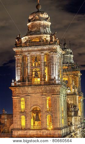 Metropolitan Cathedral Steeples Bells Statues Zocalo Mexico City At Night