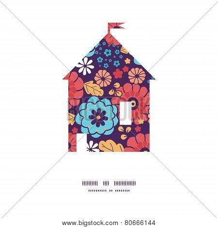 Vector colorful bouquet flowers house silhouette pattern frame