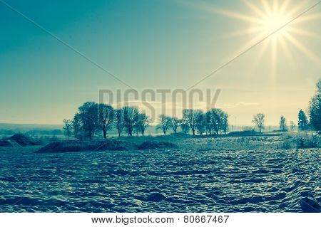 Winter Landscape View Fields Forests Covered Snow Rays Sun