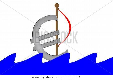 Euro Symbol with sail swimming into water with waves