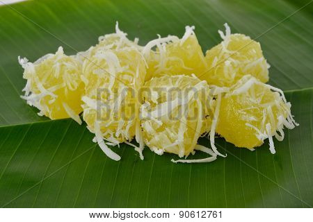 Thai Dessert Steam-minced Cassava With Shredded Coconut On Banana Leaf