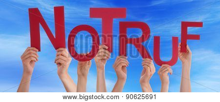 People Hold German Notruf Means Emergency Blue Sky