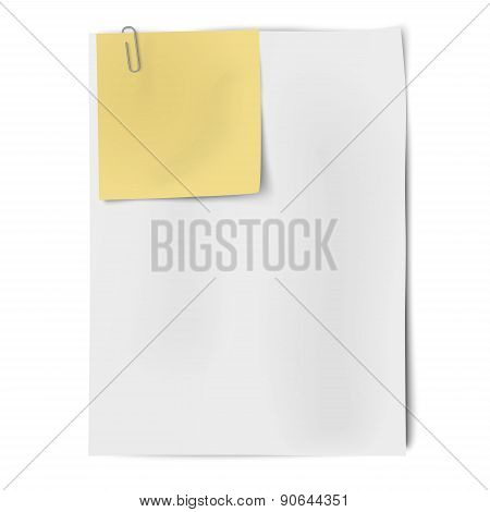 Clipped Sheets Of Sticky Note And A4 White Paper