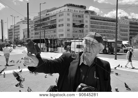 Man Feeding Pigeons