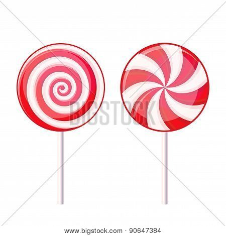 Round Spiral Candy Lollipop. Red and White on Stick. Vector