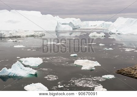 Arctic Landscape In Greenland With Icebergs