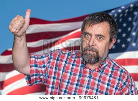 Man Tumb Up Against Of Usa Flag