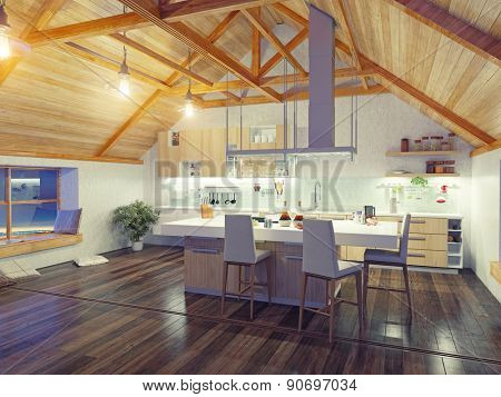 modern kitchen interior with island in the attic (3d design concept)