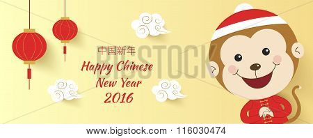 Chinese New Year 2016, Cute Monkeys , Chinese Background, Vector