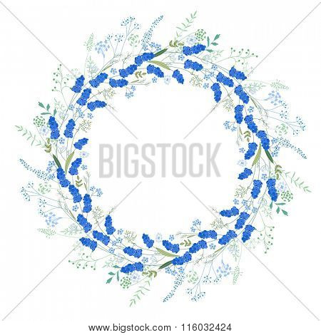 Detailed contour wreath with muscari and herbs isolated on white. Round frame for your design, greeting cards, announcements, posters.
