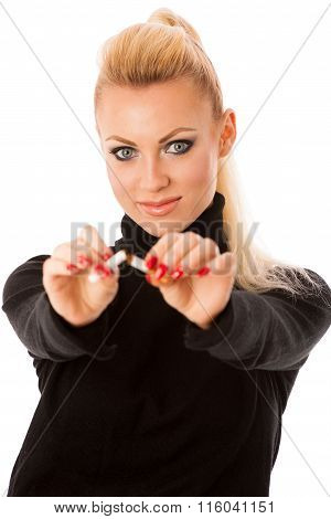 Happy Woman Gesturing Quitting Stinky Unhealhy Habbit By Breaking Cigarette Decided To Quit Smoking.