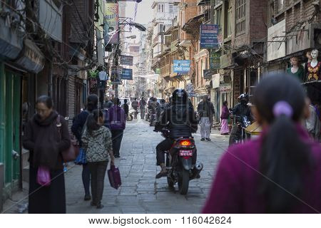 Kathmandu, Nepal - February 10, 2015: The Streets Of Kathmandu, Nepal, Near Dubar Square. Masses Of