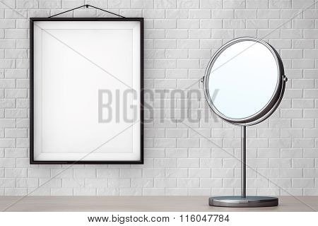 Chrome Makeup Mirror In Front Of Brick Wall With Blank Frame