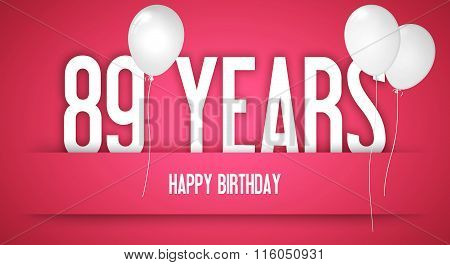 Happy Birthday Card - Girl With White Balloons - 89 Years Greeting Postcard - Illustration Anniversa