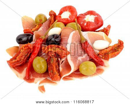 Sliced Serrano Ham With Olives And Peppers