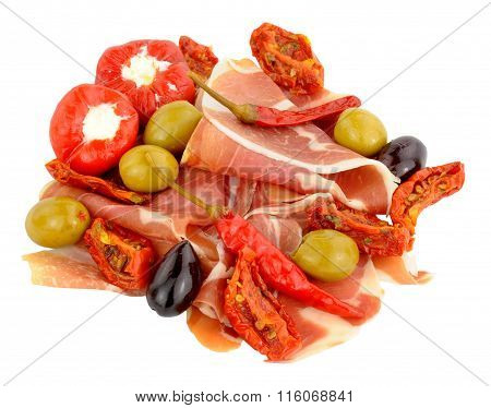 Sliced Serrano Ham With Olives And Peppers