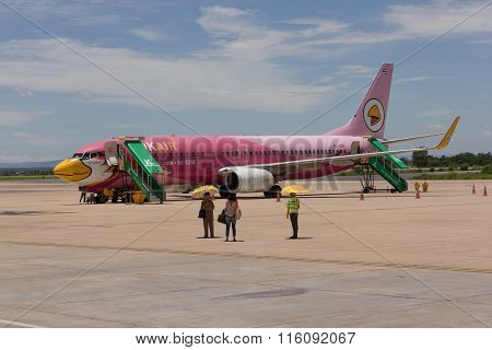 BANGKOK THAILAND - AUGUST 242015 : Nok Air airline and passenger at Khon Kean Airport on August 242015 in Thailand.