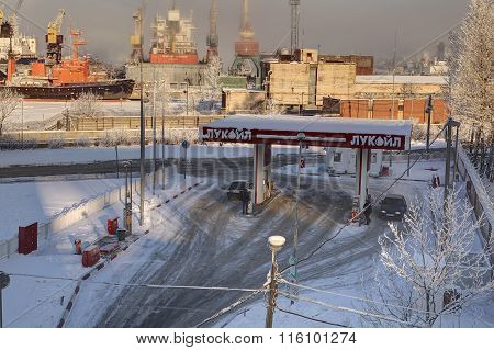 Russian Fuel Retailer Lukoil, Petrol Station In Saint Petersburg, Winter.
