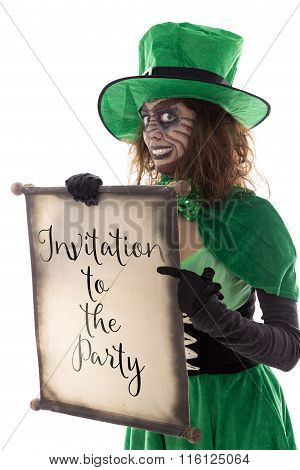 Funny Green Gobling Girl Holding A Scroll With Text Invitation To The Party