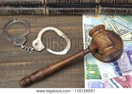 Judges Gavel, Handcuffs And International Money On Rough Wood Background.