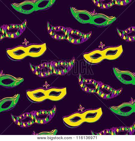 Vector Seamless Pattern With Masks On Dark Violet Background