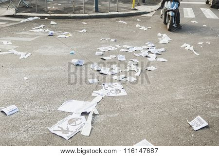 Leaflets After A Demonstration In The City Streets In Milan, Italy