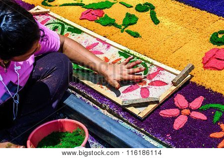 Girl Making Holy Week Processional Carpet, Antigua, Guatemala