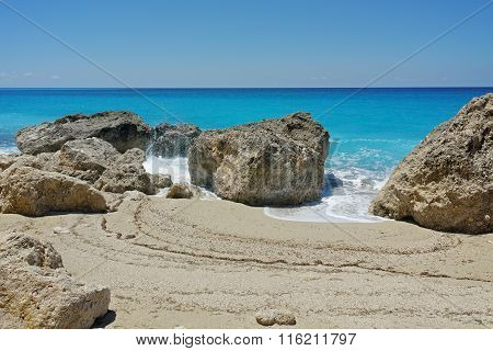 Rocks in the water at Megali Petra beach, Lefkada, Greece