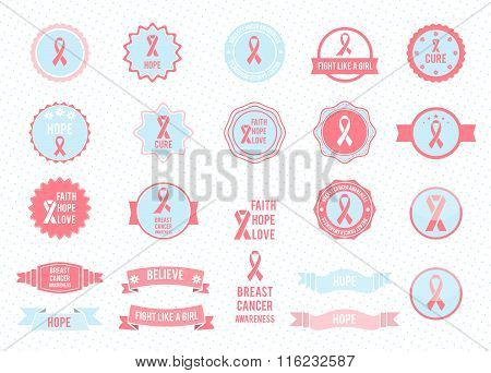 Vector badges collection. Design elements. Breast cancer awareness.