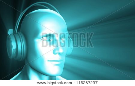 Man Listening to Music Meditating in Earphones 3d