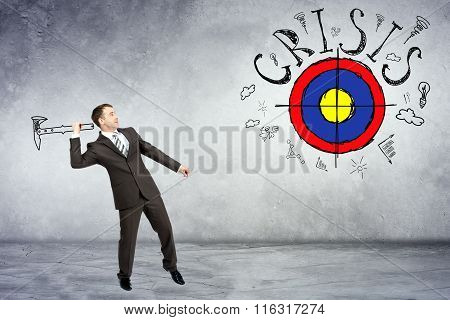 Businessman throwing axe to darts