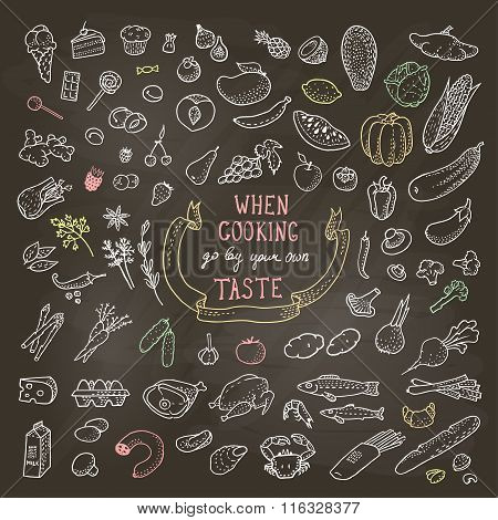 Hand Drawn Food Set, Chalk Icons. Vector Illustration, Eps10.