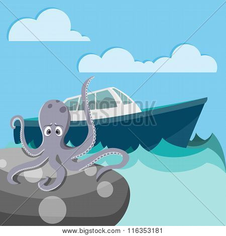 Octopus in the sea waiting for a boat