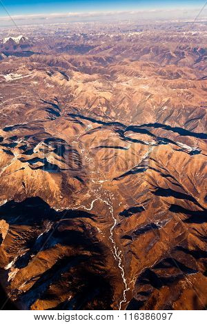 View From The Aircraft To The Mountains Of The Himalaya On Chinese Tibetan Side Snow