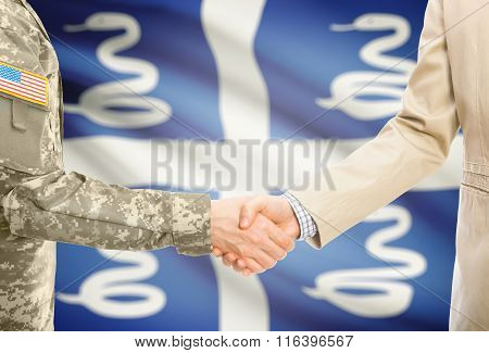Usa Military Man In Uniform And Civil Man In Suit Shaking Hands With National Flag On Background - M