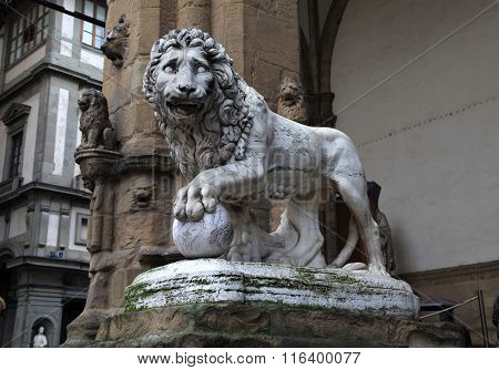 Medici Lion At Signoria Square In Florence, Italy