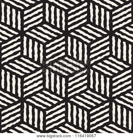 Vector Seamless Black And White Hand Painted Line Geometric Stripes Cube Pattern