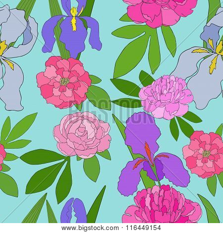 Seamless pattern with hand-drawn pink peonies and irises.