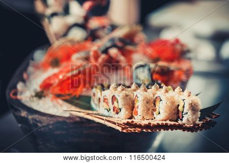 Japanese seafood sushi many tasty fresh Japanese sushi with tuna, caviar and shrimps